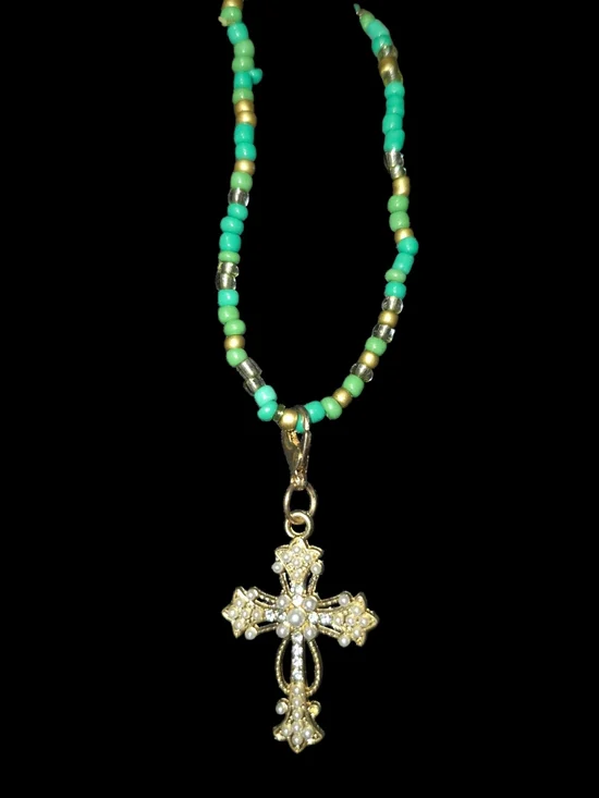 Handmade Gold Cross Pendant Bracelets - Yellow & Green/teal Beaded Options - Picture 2 of 4